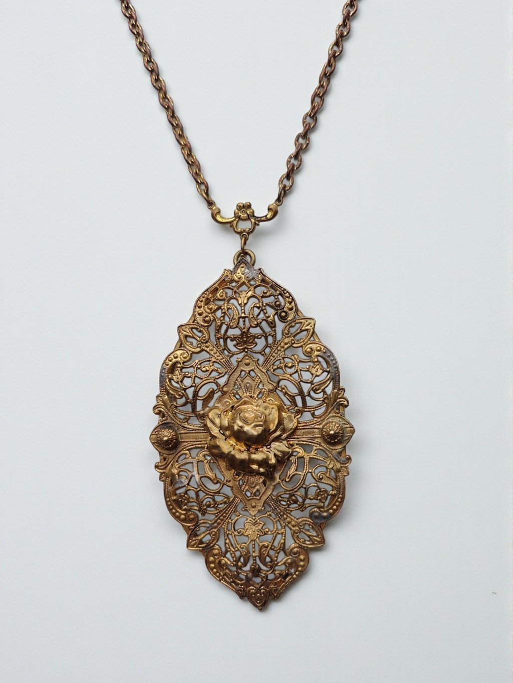 Antique Brass Filigree Ornate Pendant Necklace